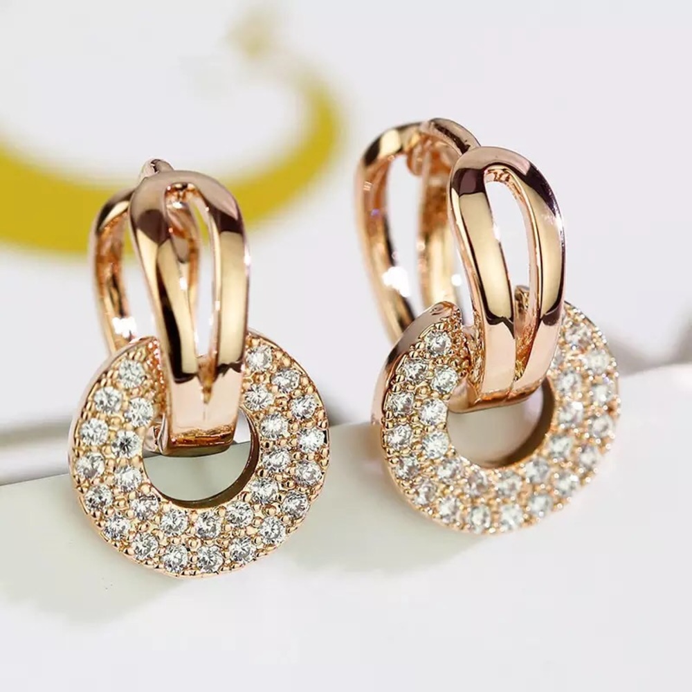 “Trinity” Diamond Hoop Elegant Gold Circle Engagement/Wedding/Gift Earrings - Picture 1 of 10